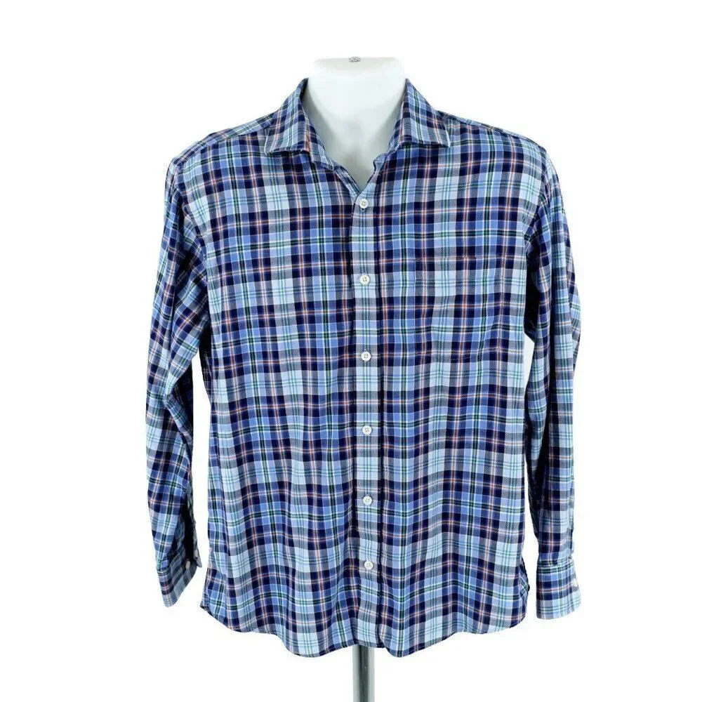 Southern Pines Flannel Plaid Blue Multi-Collared Collared‎ Dress Shirt M Medium